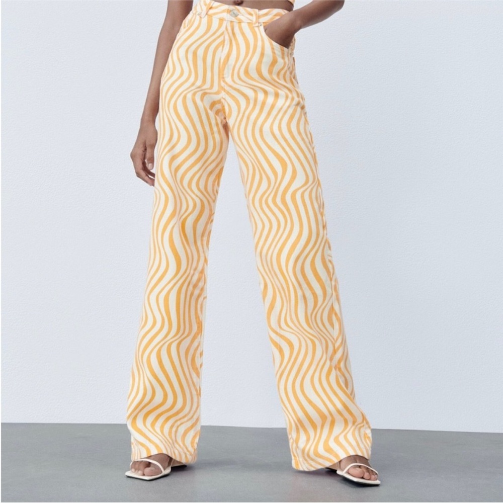 ZARA Women's High Rise Wide Leg Jeans Orange Sorbet Swirl Print